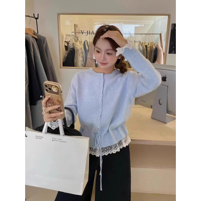 韩系甜美蕾丝花边收腰系带毛衣女秋冬季加厚宽松针织开衫上衣外套