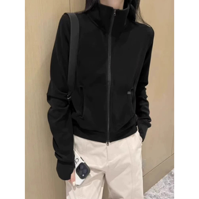 设计感小众半高领德绒卫衣女春秋冬立领修身短款开衫拉链外套上衣