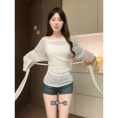 纯欲风薄款微透空调衫女夏后背绑带收腰设计感罩衫一字肩防晒上衣