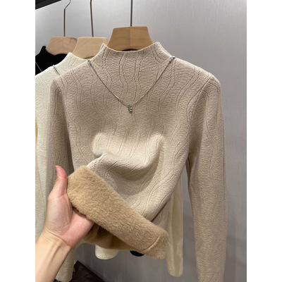 半高领保暖一体绒毛衣女秋冬季高级感内搭加绒加厚长袖打底衫上衣