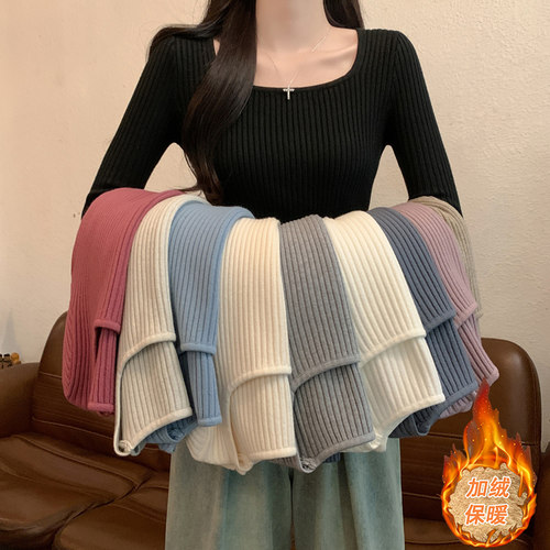 秋冬季新款方领长袖打底针织衫上衣加厚加绒内搭修身黑色毛衣女士