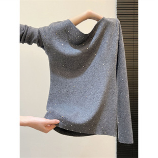 高级感外穿内搭灰色毛衣女秋冬重工烫钻一字肩长袖打底针织衫上衣