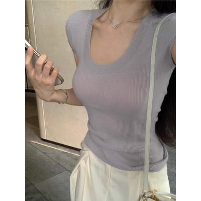 夏季薄款冰丝短袖针织衫上衣纯欲风辣妹修身紧身弹力短款u领t恤女