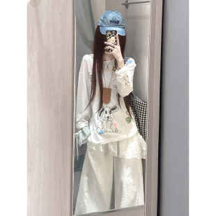 百搭宽松慵懒显瘦上衣 白色印花防晒罩衫 t恤女2025夏新款 长袖 薄款
