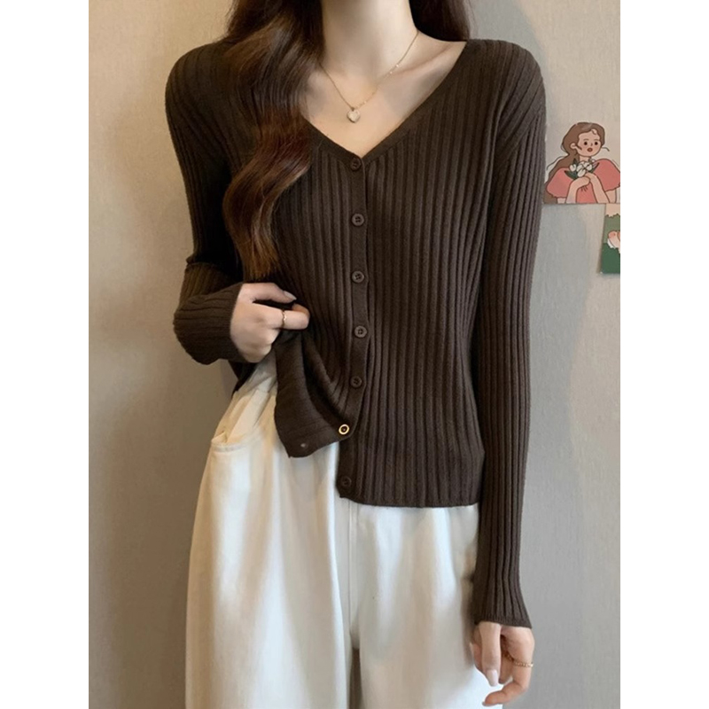 早秋穿搭气质高级感长袖针织开衫上衣百搭修身v领外搭毛衣外套女