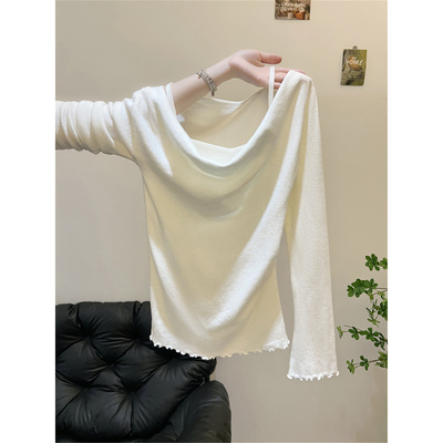 一字肩白色毛衣女内搭春秋冬法式气质修身收腰长袖打底针织衫上衣