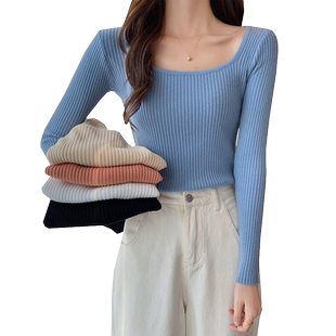 秋冬低领修身紧身长袖打底针织衫上衣加厚加绒保暖方领毛衣女内搭