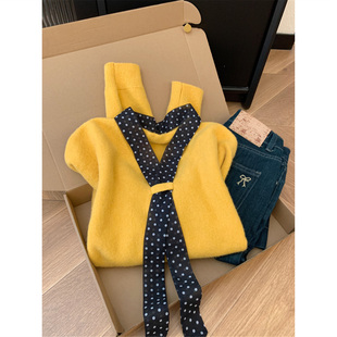 黄色温柔风韩系波点丝巾套头针织衫毛衣女秋冬外穿百搭高级感上衣