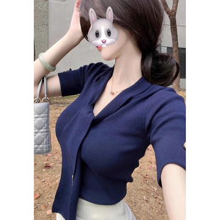 显瘦针织衫 v领飘带正肩t恤女短袖 高级感气质百搭修身 夏季 上衣 法式