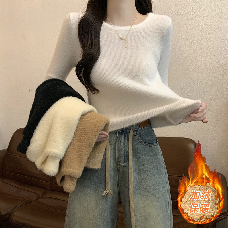 秋冬外穿圆领修身紧身长袖打底针织衫上衣加厚加绒保暖毛衣女内搭