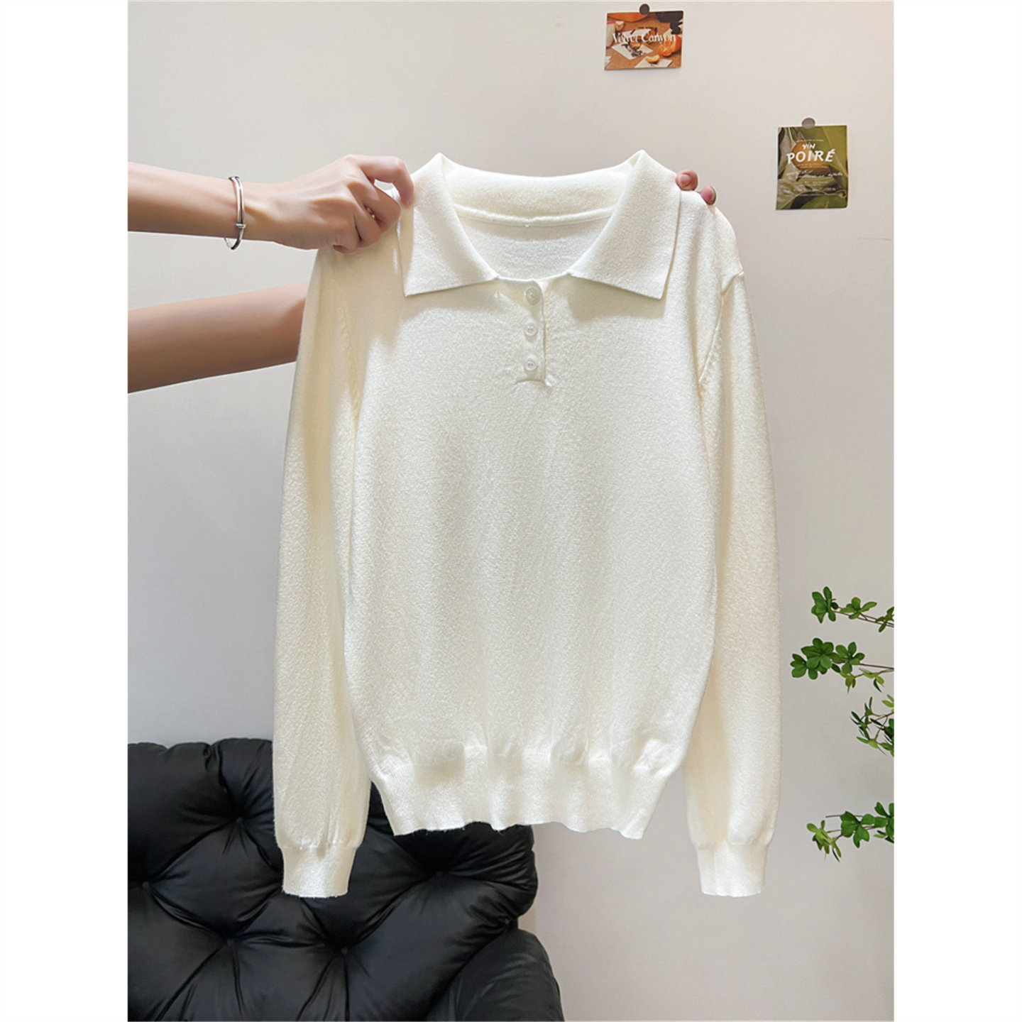 杏色高级感翻领打底上衣女春秋冬季松弛感软糯Polo衫长袖针织毛衣