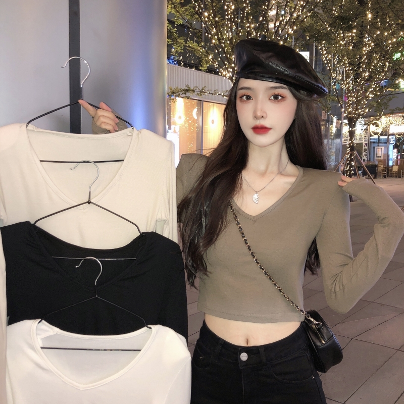 v领修身短款t恤女长袖德绒打底衫