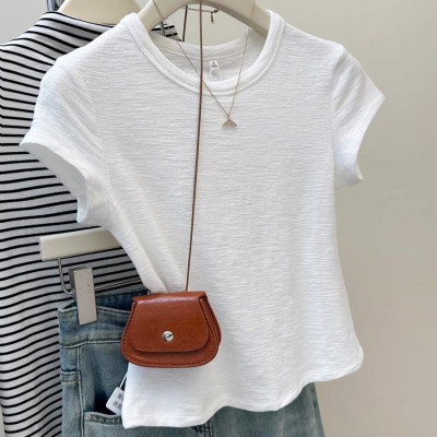 圆领白色短袖t恤女夏季新款竹节棉肌理感设计感修身短款正肩上衣