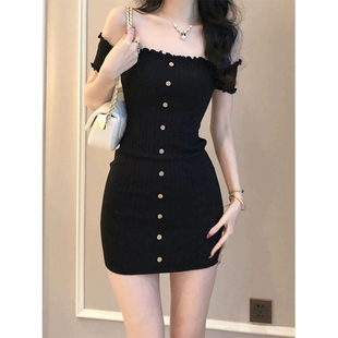 纯欲性感辣妹一字肩针织连衣裙女夏季 收腰包臀短裙子 复古气质修身