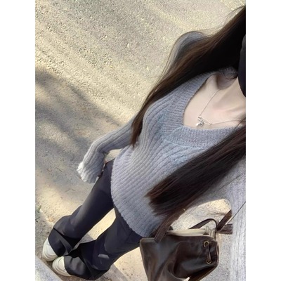 秋冬季修身收腰辣妹v领长袖打底针织衫上衣可外穿内搭灰色毛衣女