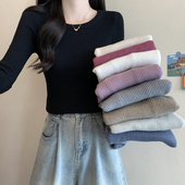 打底针织衫 秋冬内搭圆领修身 紧身长袖 上衣加厚加绒保暖黑色毛衣女