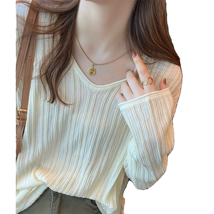 春秋冬薄款小众设计感内搭毛衣女慵懒宽松v领长袖打底针织衫上衣