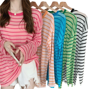 防晒衣女长袖夏季薄款2026新款透气条纹罩衫冰丝针织空调衫上衣服