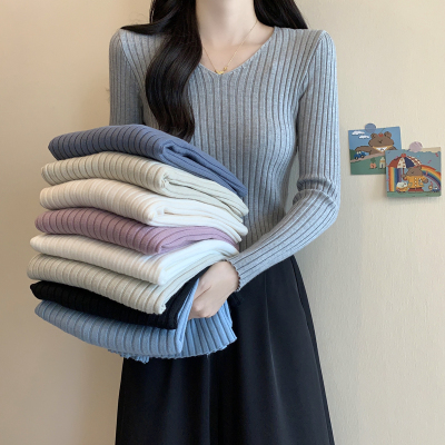 春秋冬v领修身紧身长袖打底针织衫上衣洋气可外穿低领毛衣女内搭