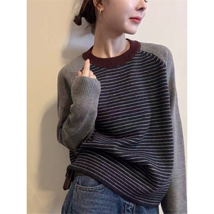 秋冬宽松可外穿撞色圆领条纹长袖打底针织衫上衣高级感内搭毛衣女