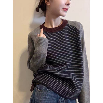 秋冬宽松可外穿撞色圆领条纹长袖打底针织衫上衣高级感内搭毛衣女