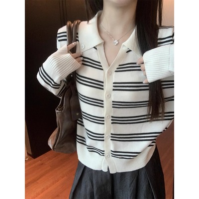 韩系学院风条纹Polo领长袖针织开衫上衣气质高级感外搭毛衣外套女