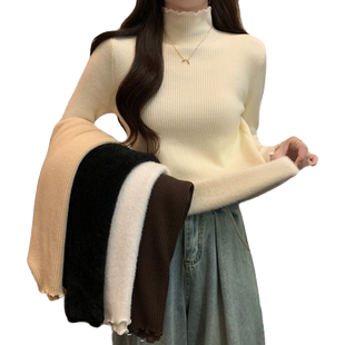 木耳边半高领长袖打底针织衫上衣秋冬季加厚一体绒保暖毛衣女内搭