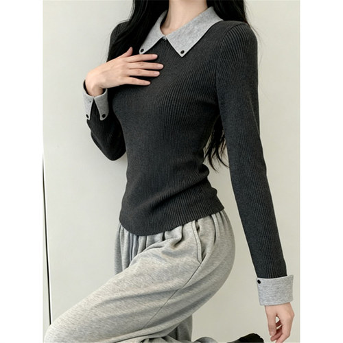 老钱风气质翻领修身长袖打底针织衫上衣秋冬高级感灰色毛衣女内搭