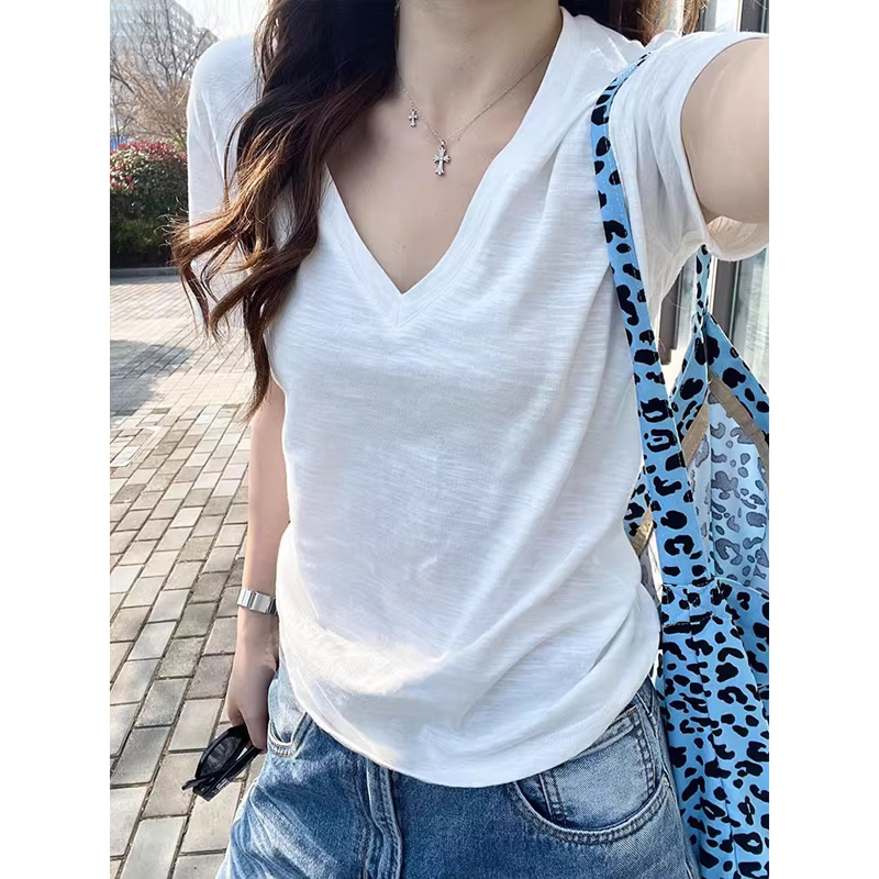v领正肩白色t恤女短袖夏季薄款微透竹节棉修身百搭修身显瘦上衣服