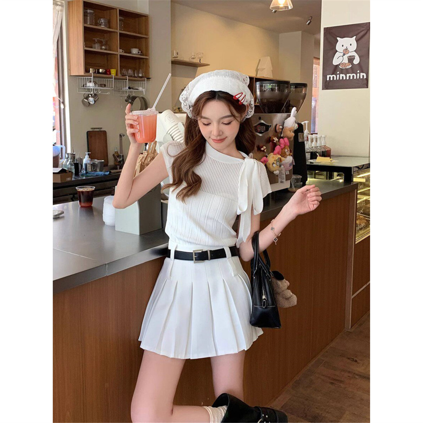 白色冰丝针织衫短袖t恤女夏季薄款设计感小众别致chic蝴蝶结上衣