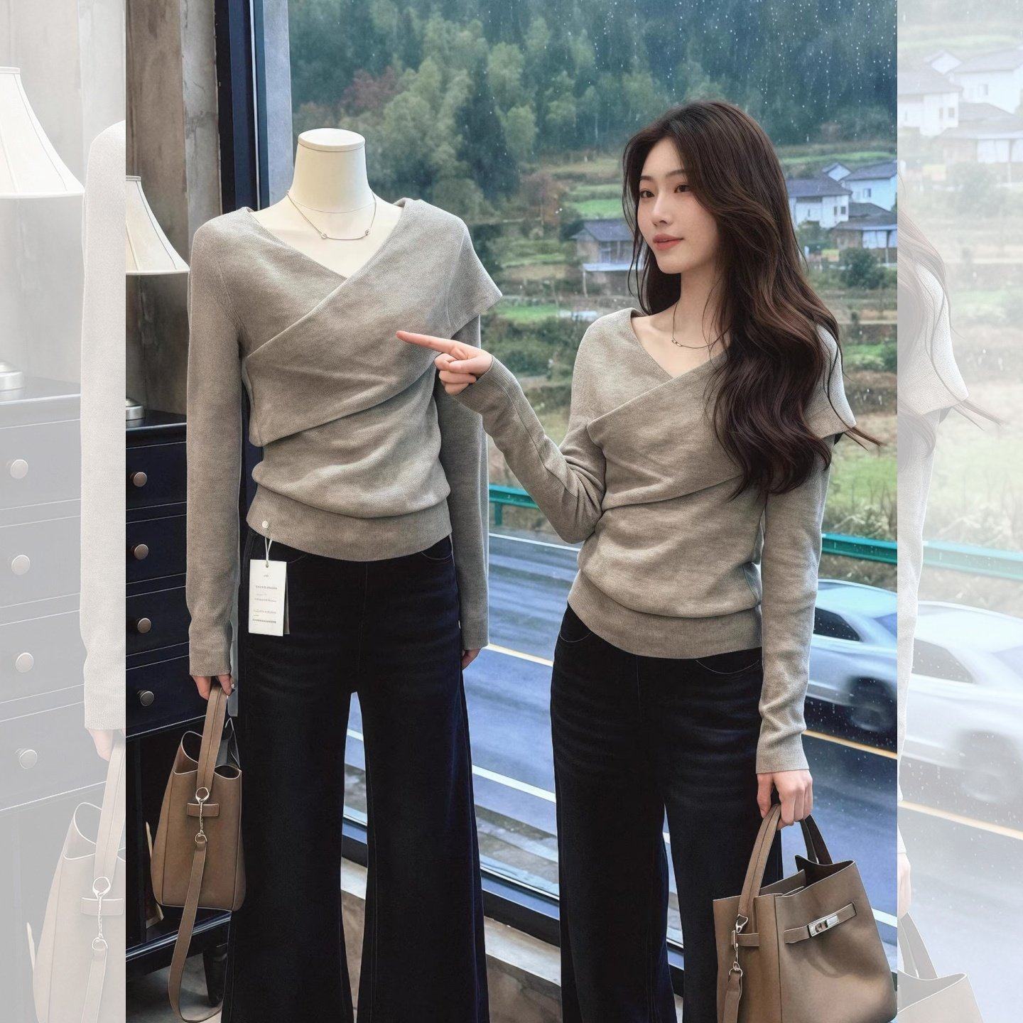 灰色不规则交叉v领长袖针织衫女秋冬毛衣内搭辣妹风收腰打底上衣,女装/女士精品,毛针织衫,淘宝优惠券,粉丝福利购,淘宝优惠卷
