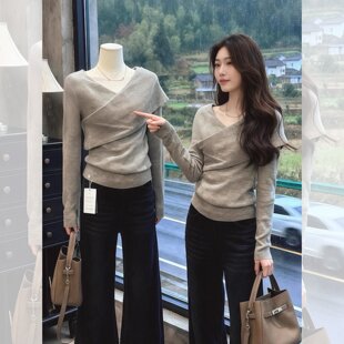 灰色不规则交叉v领长袖针织衫女秋冬毛衣内搭辣妹风收腰打底上衣