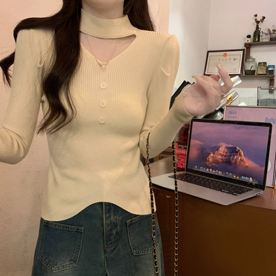 春秋季修身短款长袖打底针织衫上衣设计感挂脖镂空v领毛衣女内搭