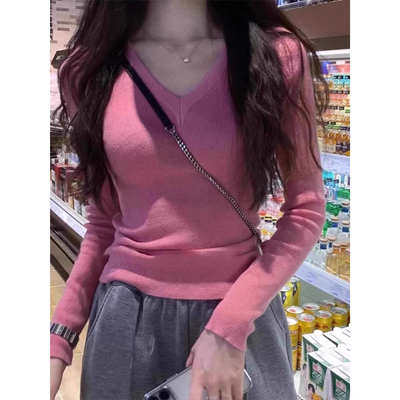 粉色毛衣女内搭打底衫春秋冬薄款百搭修身显瘦v领长袖针织衫上衣