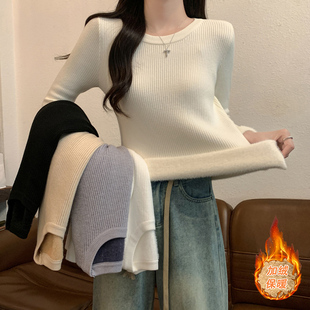 秋冬季圆领修身紧身内搭长袖打底针织衫上衣设计感加厚加绒毛衣女