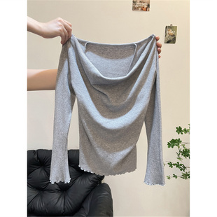 假两件荡领长袖针织打底衫上衣春秋冬季高级设计感外穿内搭毛衣女