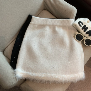 小个子高级纯欲白色针织半身裙女高腰毛毛亮片包臀短裙秋冬A字裙
