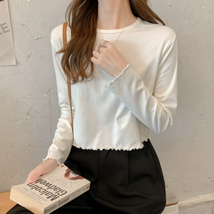 t恤女长袖 木耳边短款 秋冬季 洋气薄款 春秋2022新款 内搭上衣打底衫
