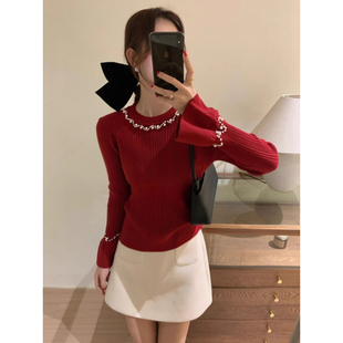 绝美钉珠高级打底衫女秋季法式喇叭袖针织衫内搭修身红色毛衣上衣