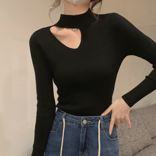 秋冬季新款半高领内搭镂空毛衣女