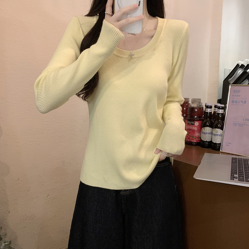 早秋穿搭韩系慵懒u领长袖针织衫上衣巨好看黄色毛衣女内搭打底衫