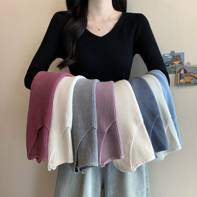 秋冬新款修身显瘦黑色毛衣女v领长袖打底针织衫内搭短款紧身上衣