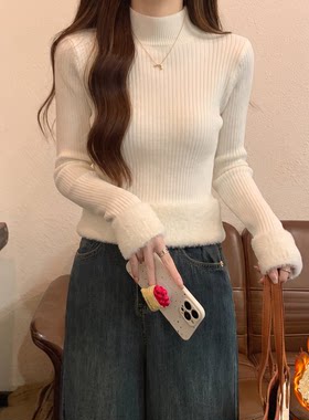 半高领内搭白色毛衣女秋冬外穿加厚一体绒保暖长袖打底针织衫上衣