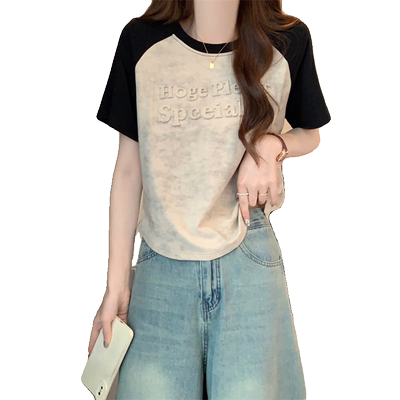 撞色插肩袖正肩t恤女短袖夏季设计感修身短款小个子辣妹扎染上衣