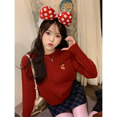 红色小熊毛衣女内搭秋冬韩系小个子高级感麻花长袖打底针织衫上衣