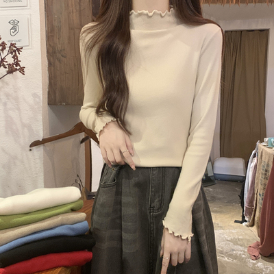 木耳边半高领长袖打底针织衫上衣秋冬内搭修身加厚加绒保暖毛衣女