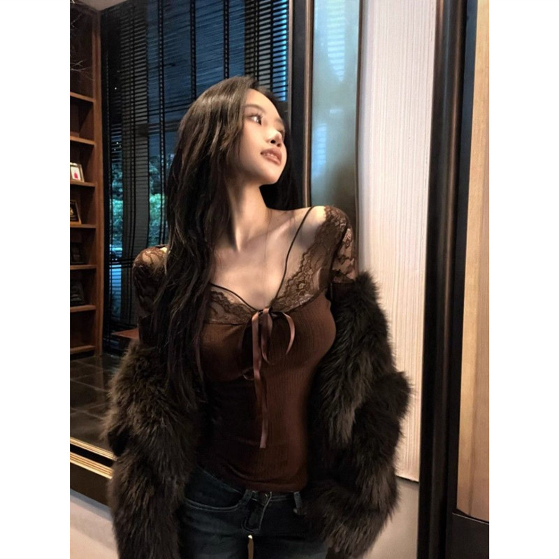 春秋修身紧身t恤女长袖纯欲风辣妹性感蕾丝拼接镂空内搭打底上衣,女装/女士精品,T恤,淘宝优惠券,粉丝福利购,淘宝优惠卷