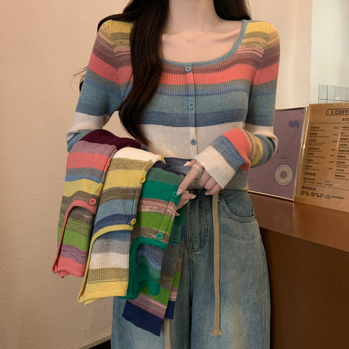 条纹方领修身紧身毛衣女士打底衫