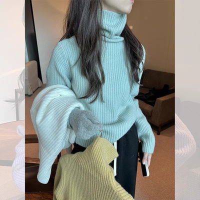 秋冬加厚保暖高领宽松可外穿内搭长袖打底针织衫上衣堆堆领毛衣女