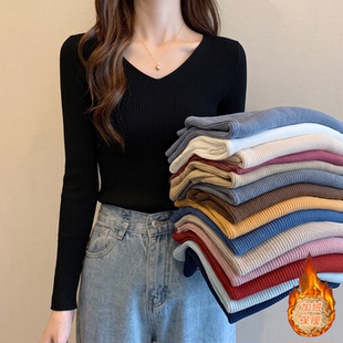 春秋黑色显瘦修身v领长袖针织衫上衣低领内搭一体绒毛衣女打底衫